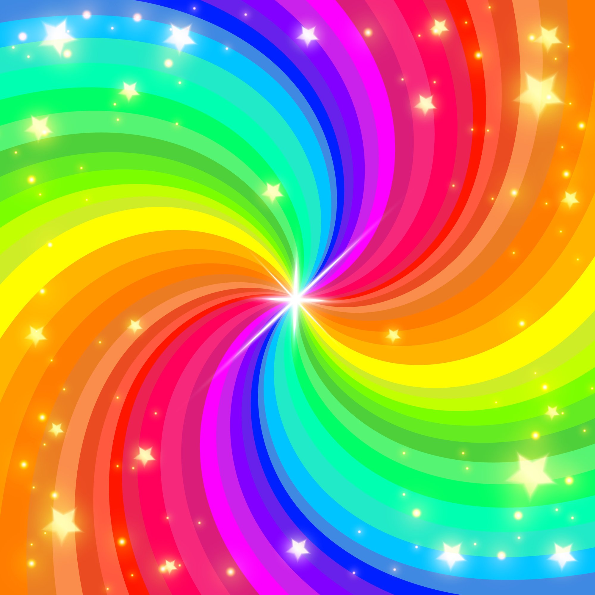 Rainbow Swirl Background with Stars. Radial Gradient Rainbow of Twisted Spiral. Vector Illustration.